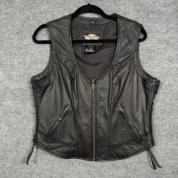 Harley Davidson Jackets & Blazers - Harley Davidson Size XL Vest Black Moto Motorcycle Genuine Leather Lace Up Side